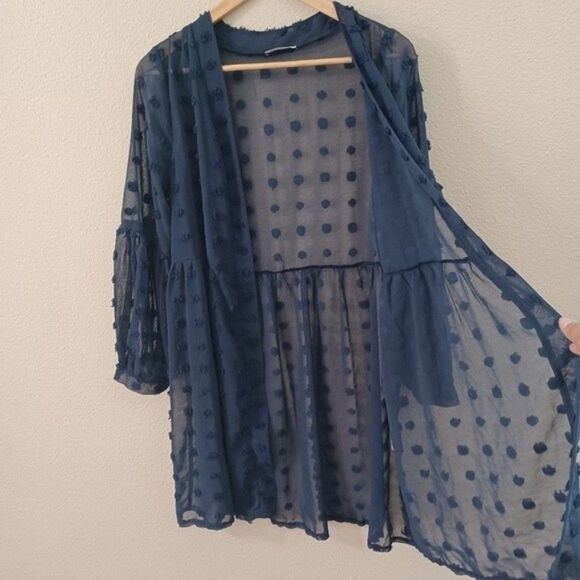 Elesol Swiss Dot Open Front Blue Kimono Cardigan Size Small - Picture 2 of 9